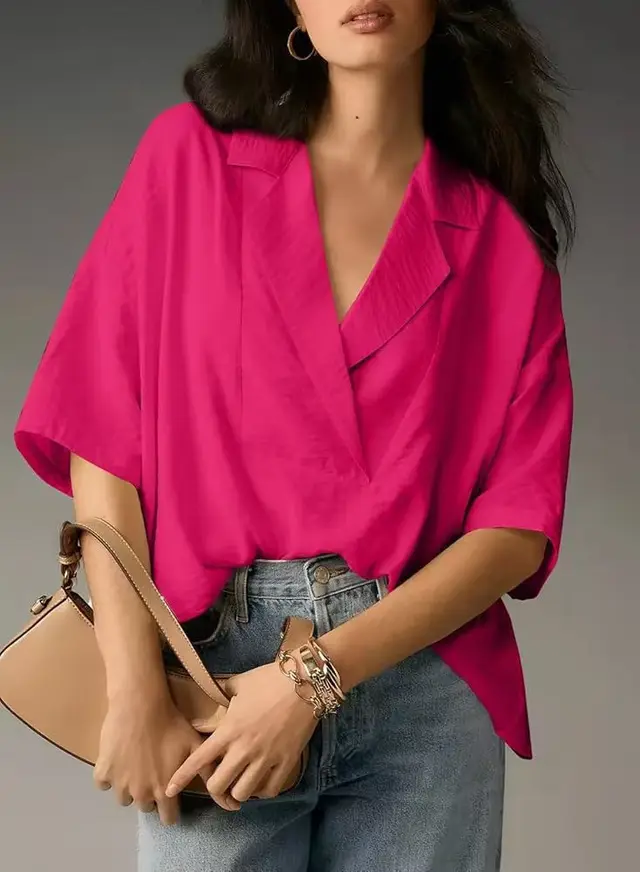 Lapel Casual Loose Top Solid Color Dark Pink - Shop at LoveMi