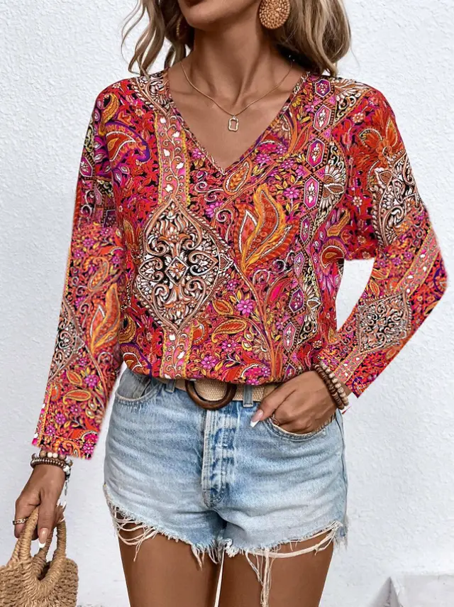 Printed V neck Long Sleeve Shirt Women's Clothing Mixed Color 4 - Shop at LoveMi