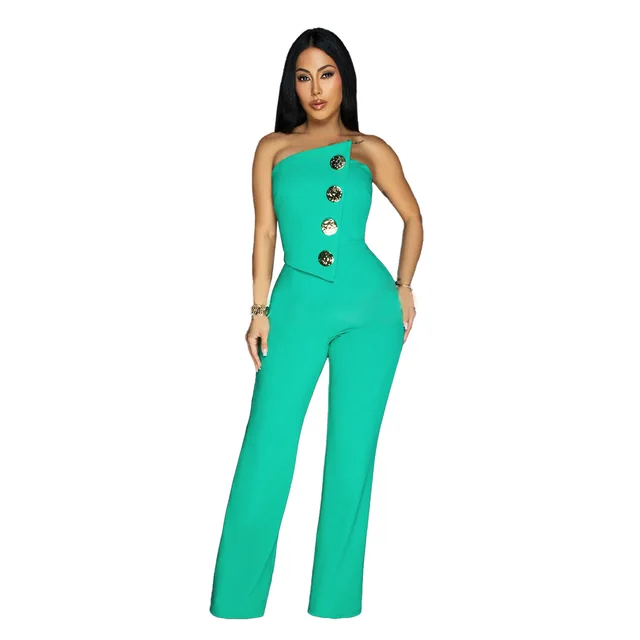 European And American Fashion Women's Wear Sleeveless Button Jumpsuit Trousers Cyan - Shop at LoveMi