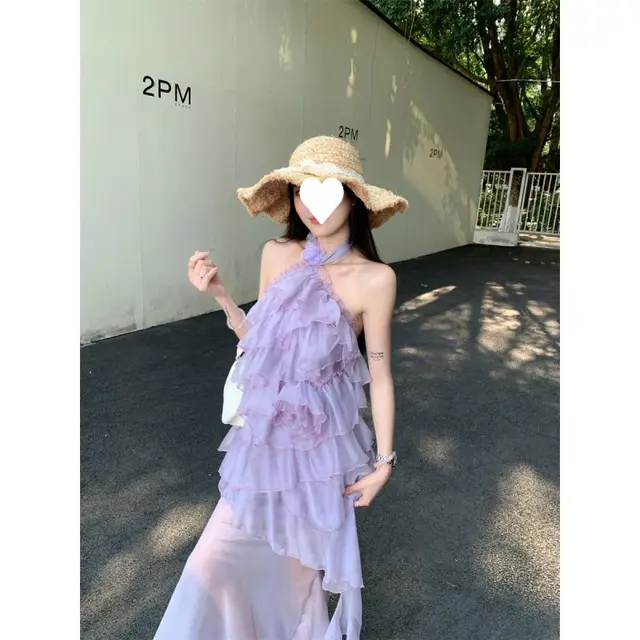 Sweet Vacation Style Pin Flower Halter Off the shoulder Vest Purple - Shop at LoveMi