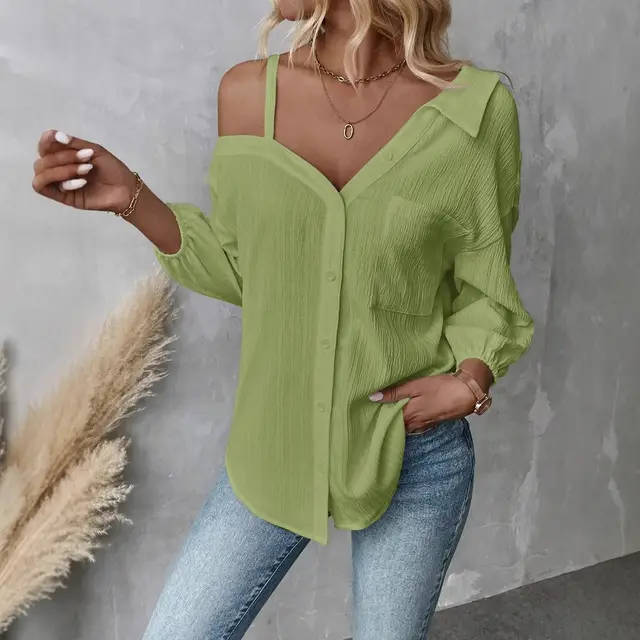 European And American Style Lapel Three quarter Sleeve Off shoulder Cardigan Texture Single breasted Shirt Yellow Green - Shop at LoveMi