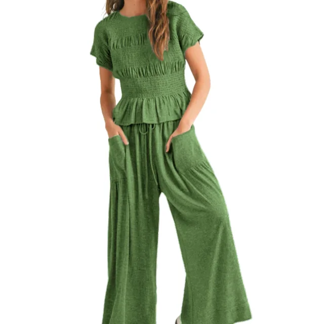 Women's 2 piece Pleated Top And Wide Leg Pants Army Green - Shop at LoveMi