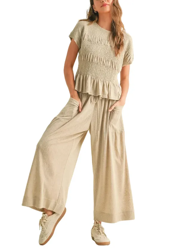 Women's 2 piece Pleated Top And Wide Leg Pants Beige - Shop at LoveMi