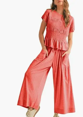 Women's 2-piece Pleated Top And Wide Leg Pants - Orange