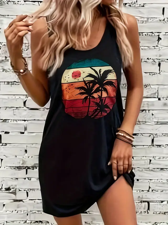 Casual Coconut Print Sleeveless Tank Dress Black - Shop at LoveMi