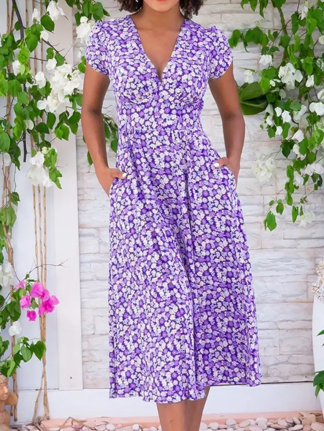 Women's Printed Pocket Bohemian V neck Dress Violet - Shop at LoveMi
