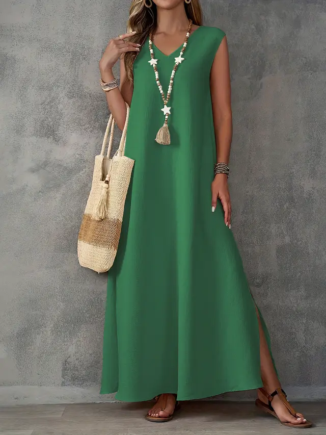 Women's Sleeveless V neck Side Slit Elegant Dress Green - Shop at LoveMi