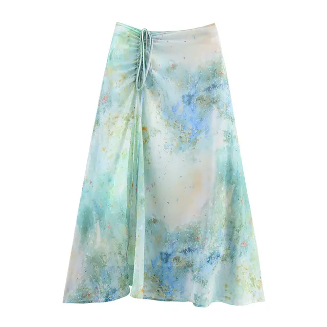 Summer New Blooming Printed Pull Belt Chiffon Irregular Skirt Green - Shop at LoveMi