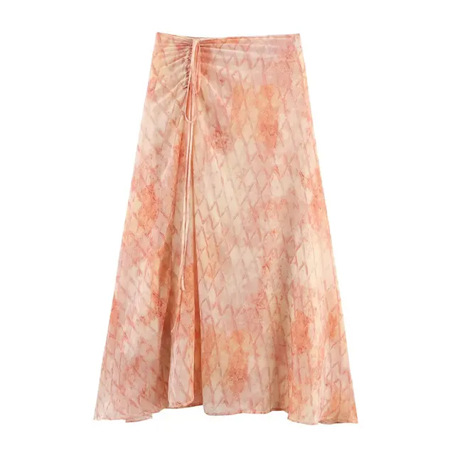 Summer New Blooming Printed Pull Belt Chiffon Irregular Skirt Orange Pink - Shop at LoveMi
