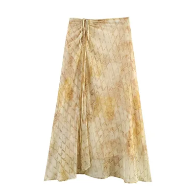 Summer New Blooming Printed Pull Belt Chiffon Irregular Skirt Yellow - Shop at LoveMi