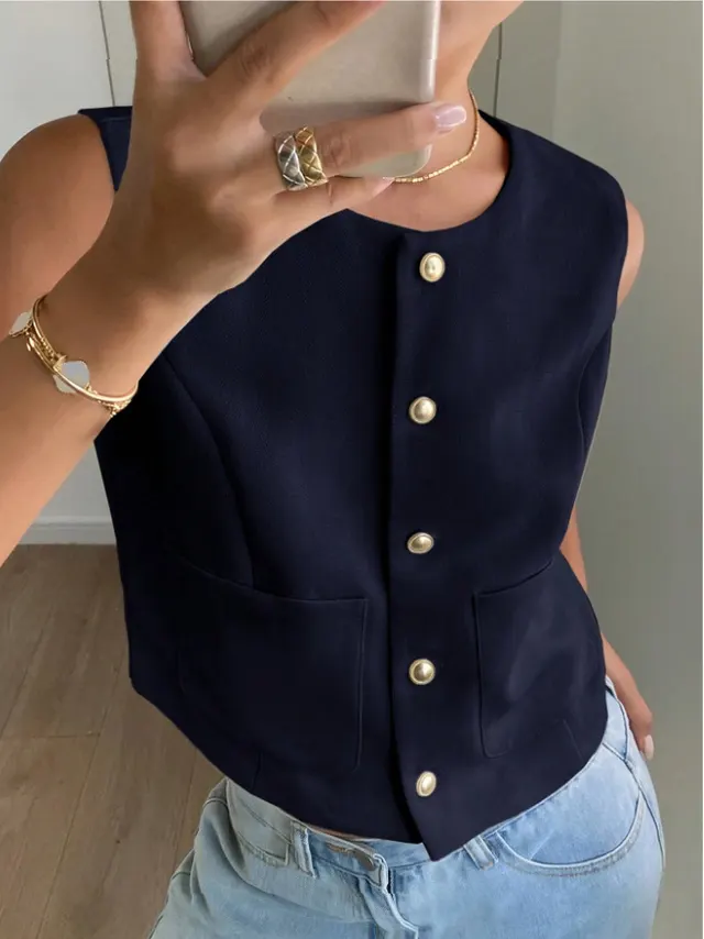 Button Sleeveless Waistcoat Top Summer Short 4861 Navy Blue - Shop at LoveMi