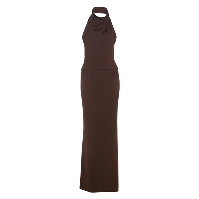 Halter Spaghetti Straps Vest Slim Fit Solid Skirt Suit Brown - Shop at LoveMi