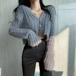 Women's V-neck Long Sleeve Knitted Cardigan Short Sweater - Gray
