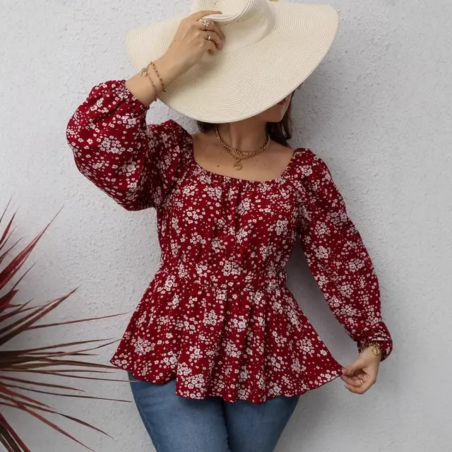 Fashion Waist controlled Square Collar Printed Floral Print Long Sleeve Shirt Brick Red - Shop at LoveMi