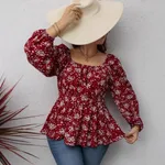 Fashion Waist-controlled Square Collar Printed Floral Print Long Sleeve Shirt - Floral