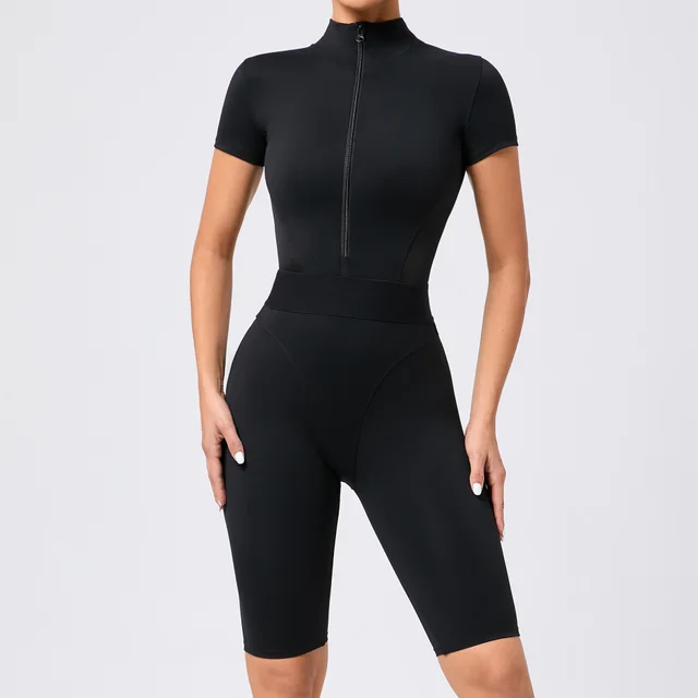 Tight Waist Open Collar Zipper Short Sleeve Yoga Jumpsuit Women Black - Shop at LoveMi