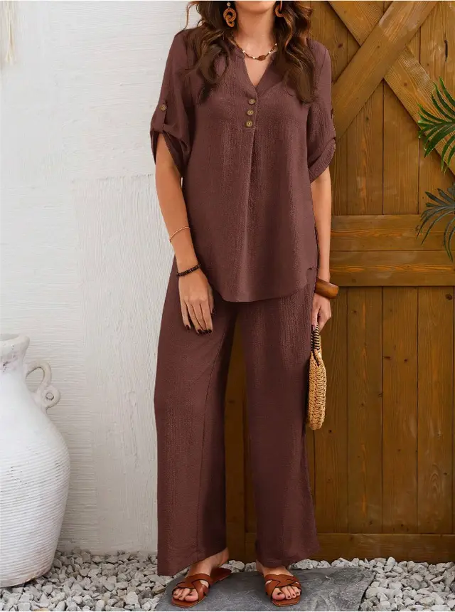Loose Leisure Suit Solid Color Short sleeved Trousers Brown - Shop at LoveMi