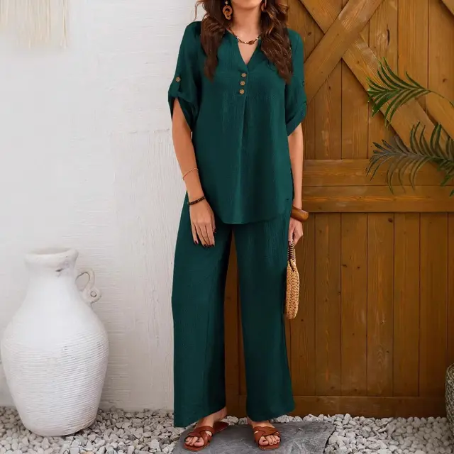 Loose Leisure Suit Solid Color Short sleeved Trousers Dark Green - Shop at LoveMi