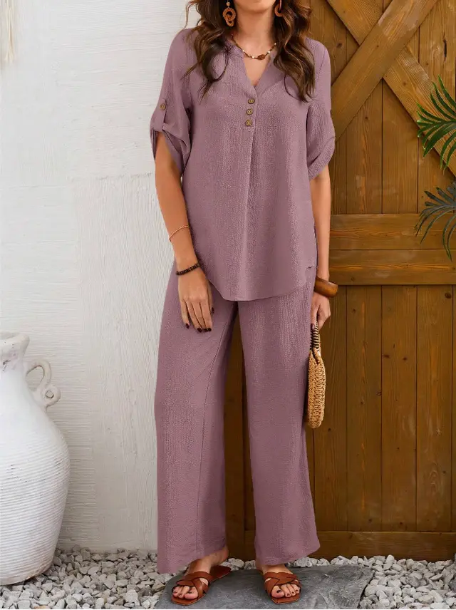 Loose Leisure Suit Solid Color Short sleeved Trousers Light Purple - Shop at LoveMi