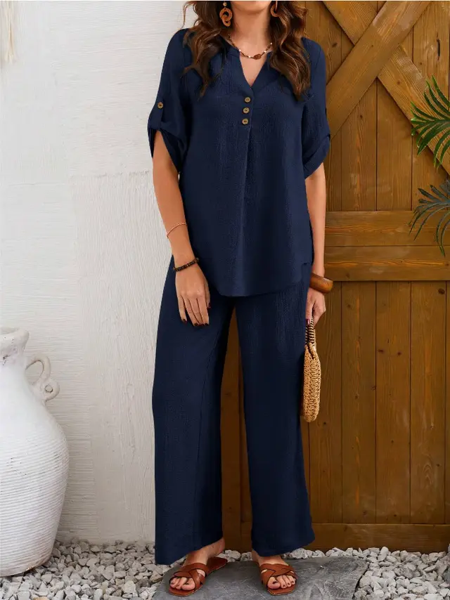 Loose Leisure Suit Solid Color Short sleeved Trousers Navy Blue - Shop at LoveMi