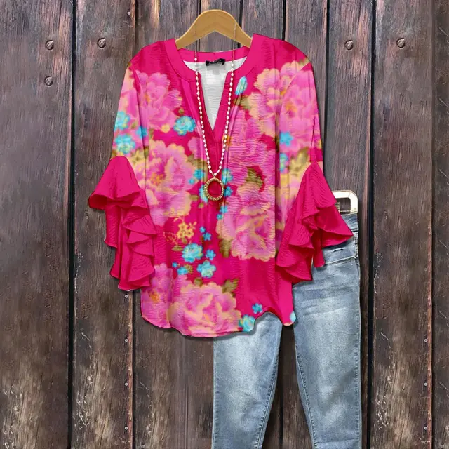 Women's V neck Fashion Lotus Sleeve T shirt Style 1 - Shop at LoveMi