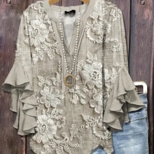 Women's V neck Fashion Lotus Sleeve T shirt Style 2 Xl - Shop at LoveMi