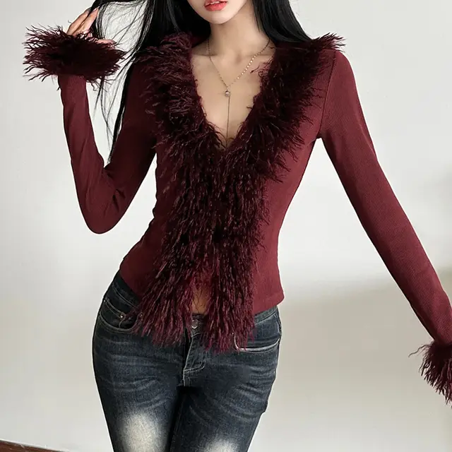 V neck Cardigan Slimming Top For Women Wine Red - Shop at LoveMi