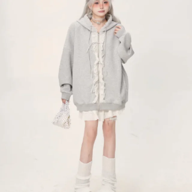 Lace Lace Zipper Gray Hoodie Jacket For Women Grey - Shop at LoveMi