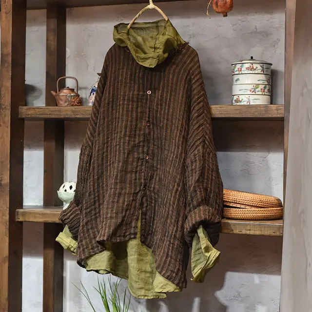 Versatile Long sleeved Casual Loose Linen Shirt Coffee Color With Stripes - Shop at LoveMi