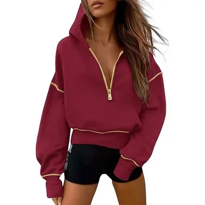Women's Hooded Long sleeved Sweater Half Zip Short Hoodie Pullover Wine - Shop at LoveMi