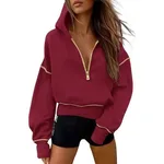 Women's Hooded Long-sleeved Sweater Half Zip Short Hoodie Pullover - Wine