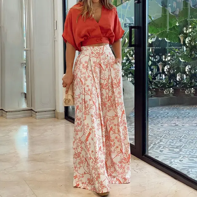 Women's Printed Shirt Wide Leg Pants Fashion Casual Set 9066 Red Suit - Shop at LoveMi