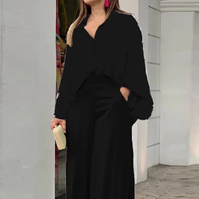 Women's Printed Shirt Wide Leg Pants Fashion Casual Set Black - Shop at LoveMi