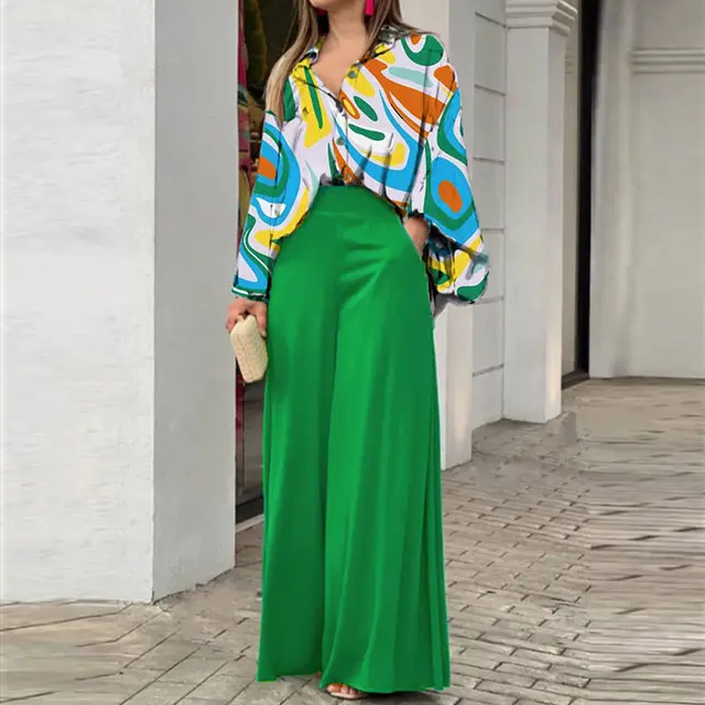 Women's Printed Shirt Wide Leg Pants Fashion Casual Set Yellow Green - Shop at LoveMi