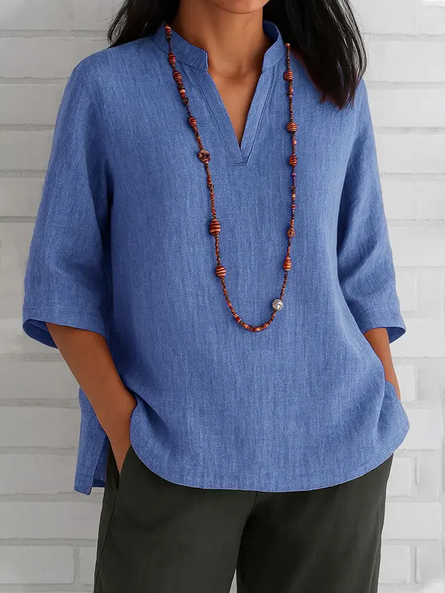 Summer Women's Clothing V neck 34 Sleeves Cotton And Linen Loose Casual Shirt Blue - Shop at LoveMi