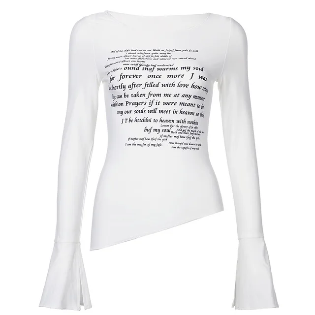 T shirt Shoulder Personality Slim Fit Hot Girl Long Sleeve 19155 White - Shop at LoveMi