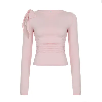T shirt Shoulder Personality Slim Fit Hot Girl Long Sleeve Pink - Shop at LoveMi