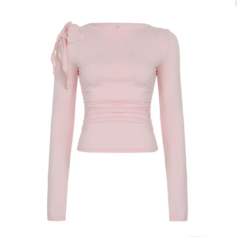 T-shirt Shoulder Personality Slim Fit Long Sleeve - Pink - View 1