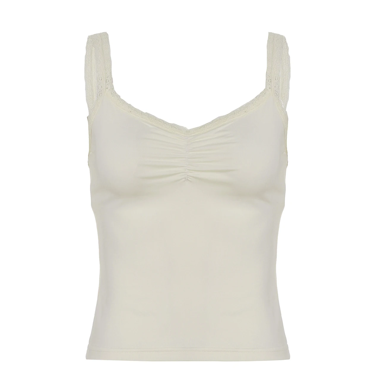 Lace Stitching Pleated Spaghetti Strap Tank Top - Light Yellow