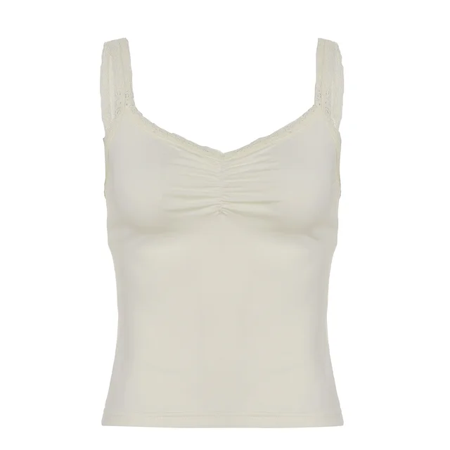 Lace Stitching Pleated Spaghetti Strap Tank Top Light Yellow - Shop at LoveMi