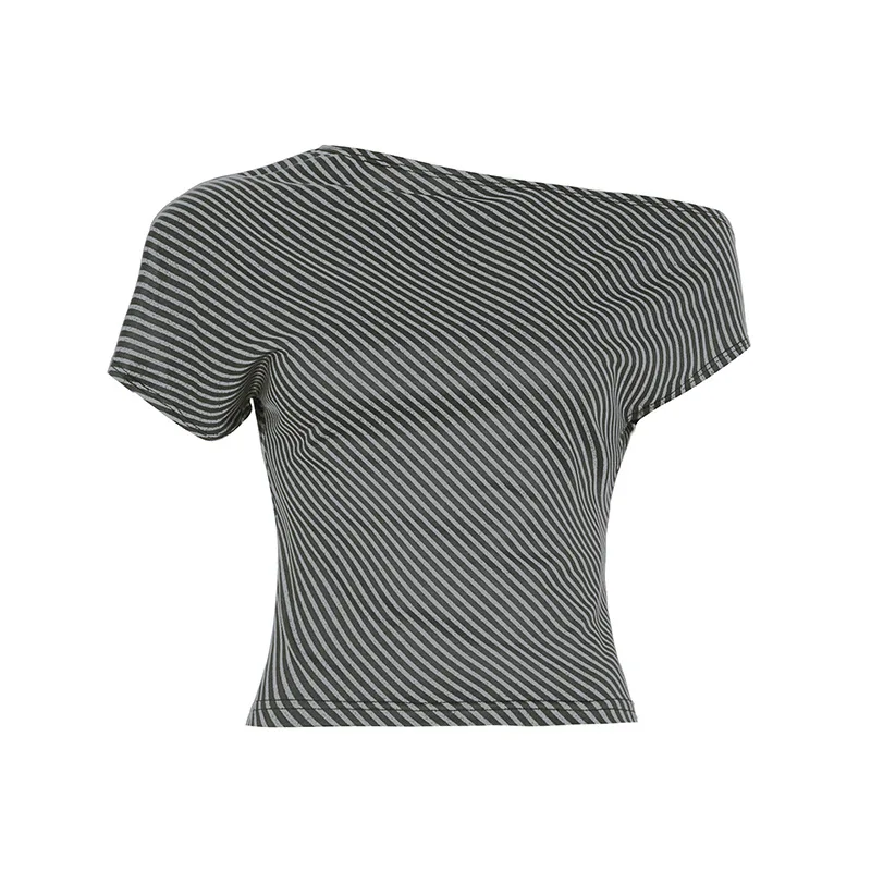 Personality Fashion Shoulder-baring Irregular T-shirt - Grey - View 1