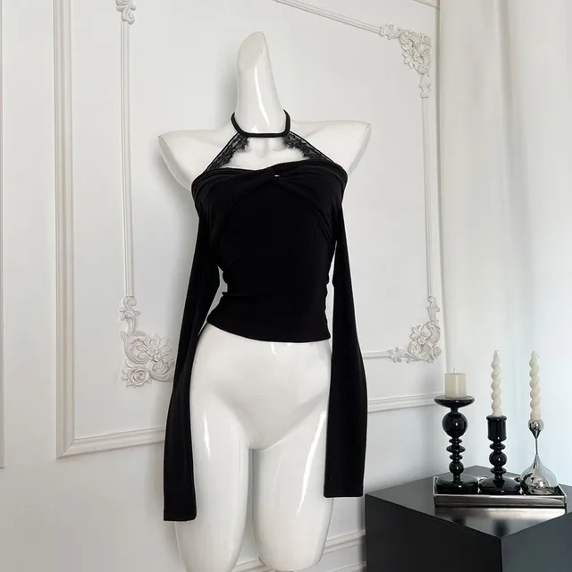 Pure Purple Off shoulder Halter Knitted Bottoming Shirt Black - Shop at LoveMi