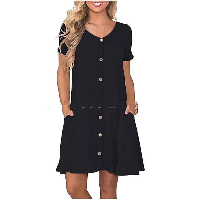 Women's Round Neck Short Sleeve Pocket Dress Black - Shop at LoveMi