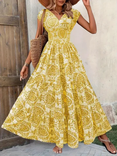 Printed V neck Waist tight Long Dress Yellow Flower - Shop at LoveMi