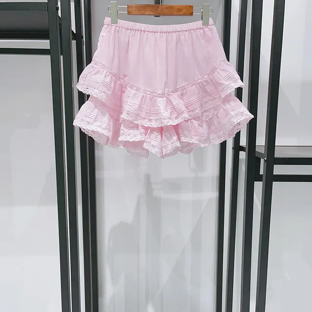 Romantic Stitching Lace Shirt Ruffled Double Layer Ruffled Skort Suit Pink Culottes - Shop at LoveMi
