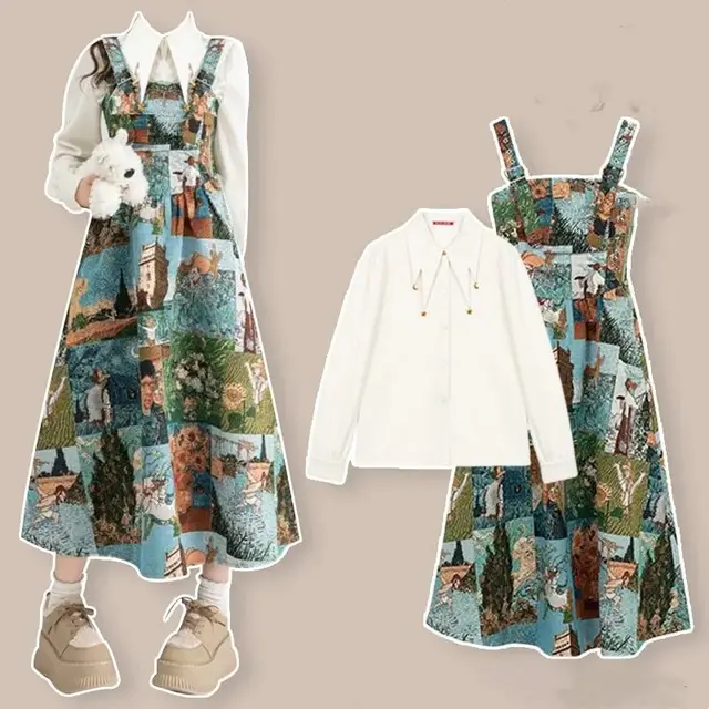 Strap Dress High grade Youthful looking Two piece Set White Shirt 1012 Long Skirt - Shop at LoveMi