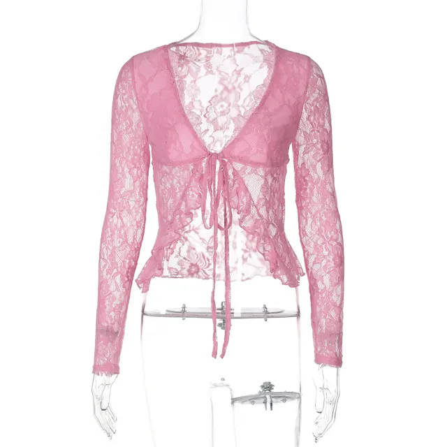 Sexy Lace See through V neck Cardigan Lace up Long Sleeve Top Rose Red - Shop at LoveMi