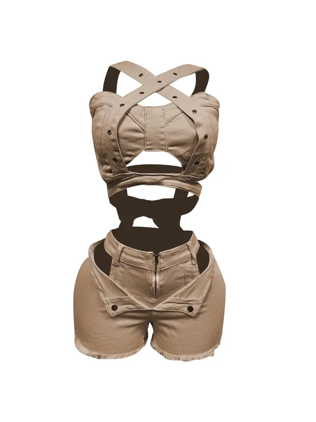 New Denim Vest Shorts Set Tube Top Strap Elastic Camel - Shop at LoveMi