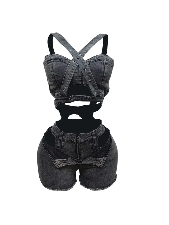 New Denim Vest Shorts Set Tube Top Strap Elastic Dark Gray - Shop at LoveMi