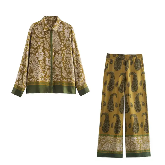 Printing Lapel Breasted Long Sleeve Shirt Trousers Silk Satin Suit 8956192 Suit - Shop at LoveMi